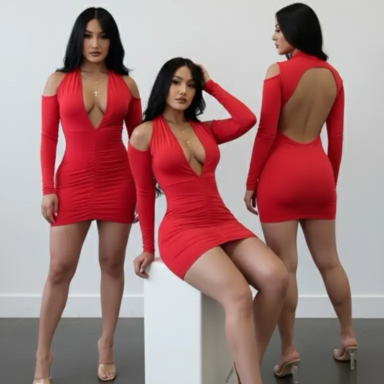 Back Desire Mini Dress Women's Red Plain Long Sleeve Ruched Front Halter Neck Open Back Formal Party Fit Lightweight Polyester