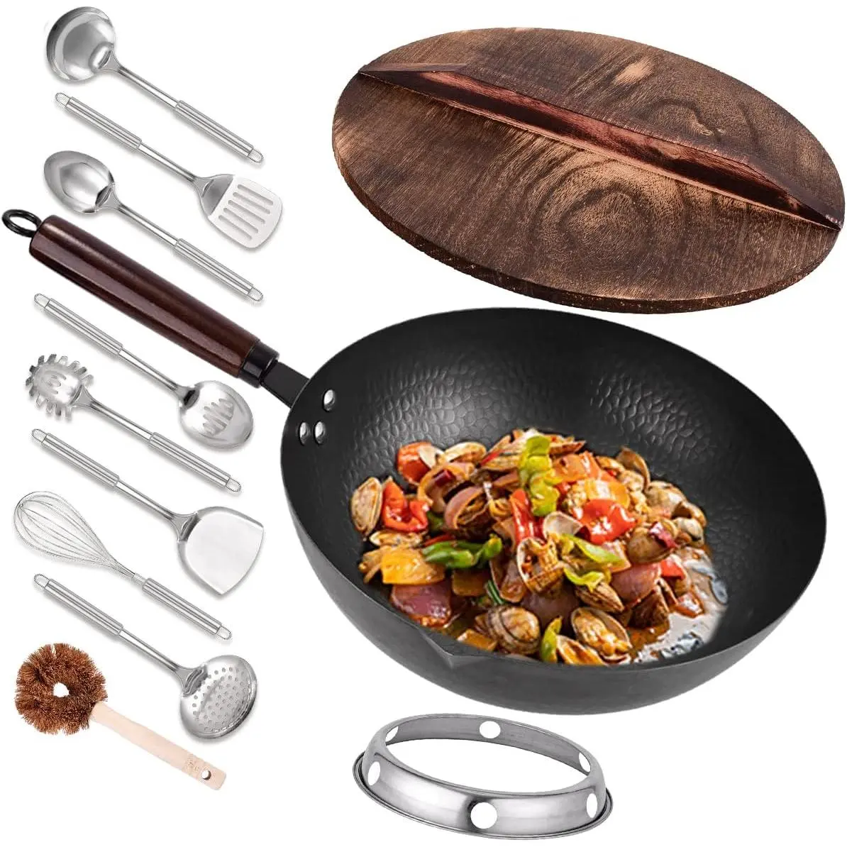 12.8" Carbon Steel Wok-11Pcs Woks & Stir Fry Pans Wok Pan with Lid, No  Coated Chinese Wok with 10 Cookware Accessories, Flat Bottom Wok for Electric, Induction,Gas Stoves