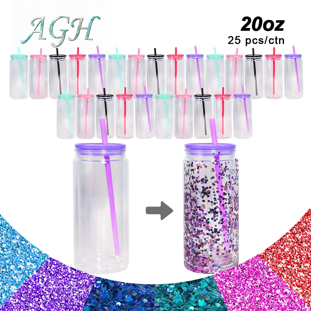 AGH 25pcs 20 oz Plastic Double Wall Snow Globe Tumbler Acrylic cups with Lid & Straw for Glitter DIY UVDTF Gift Drinkware Water Bottle Halloween Gifs
