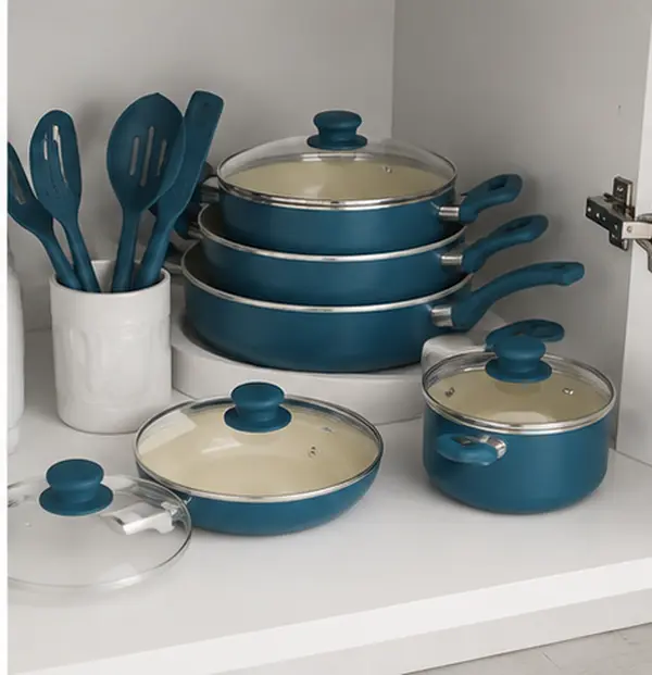 12-Piece Aluminum Cookware Set with Ceramic Nonstick Coating | Corsair Blue Kitchen Pots & Pans