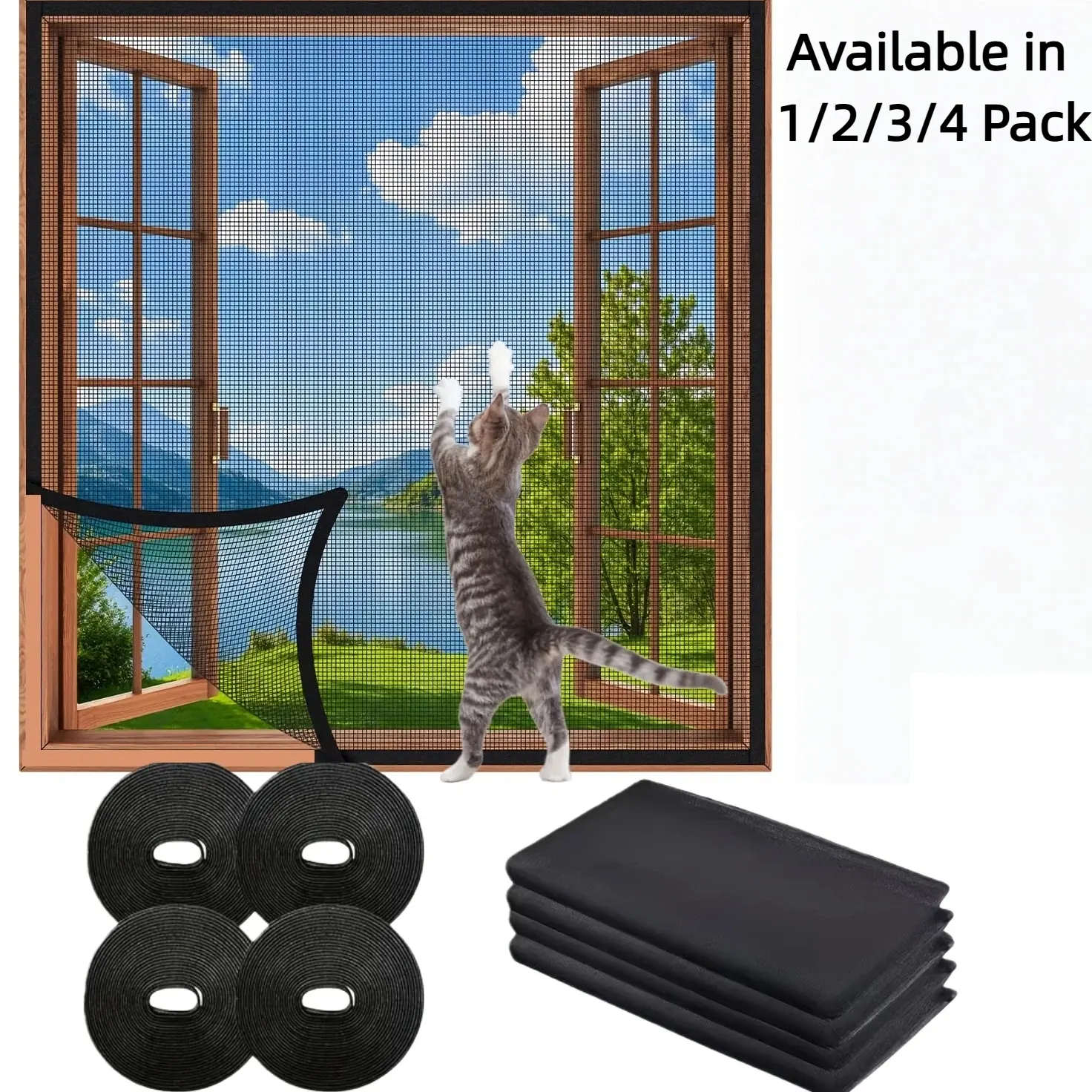 Premium Material Breathable Polyester Fiber Self-Adhesive Window Screen Mesh Curtain, 130x150cm (51x59in) with Hooks & Sticky Tape, Universal Fit for Balcony, Bedroom Windows