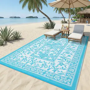 Retro Floral Pattern Outdoor Rug Double-sided Reversible Plastic Straw Rug Washable Foldable Bohemian Style for RVs Camping Decks Picnics Patios