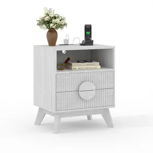 Modern Fluted Night Stand, Bedroom Nightstand with USB Charging Station, Wood Fluted Bedside Table with 2 Drawers & Storage Shelf, End Table for Living Room Home Office Study Apartment