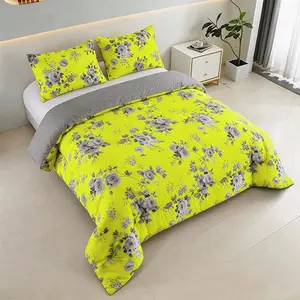 2/3pcs Vibrant Yellow Floral Comforter Set, Soft Microfiber Bedding Set with Grey Rose Print, 1 Comforter with 1 or 2 Pillowcases, All Seasons Bedding for Bedroom, Guest Room, Hotel, Dorm