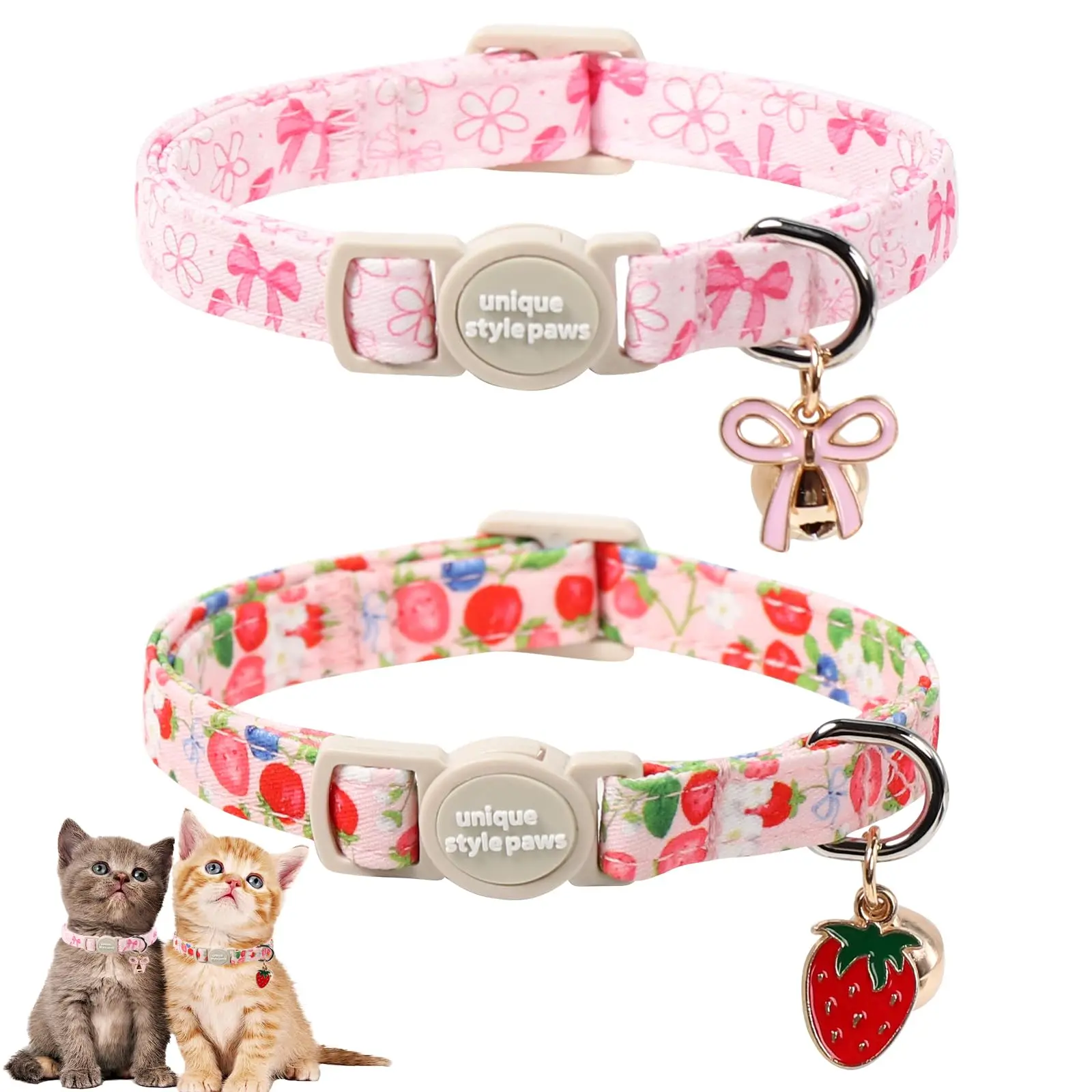 Unique Style Paws Cute Pink Cat Collar with Bell & Pendant, Adjustable Cotton Cat Safety Collar with Breakaway Buckle for Girl Boy Cats