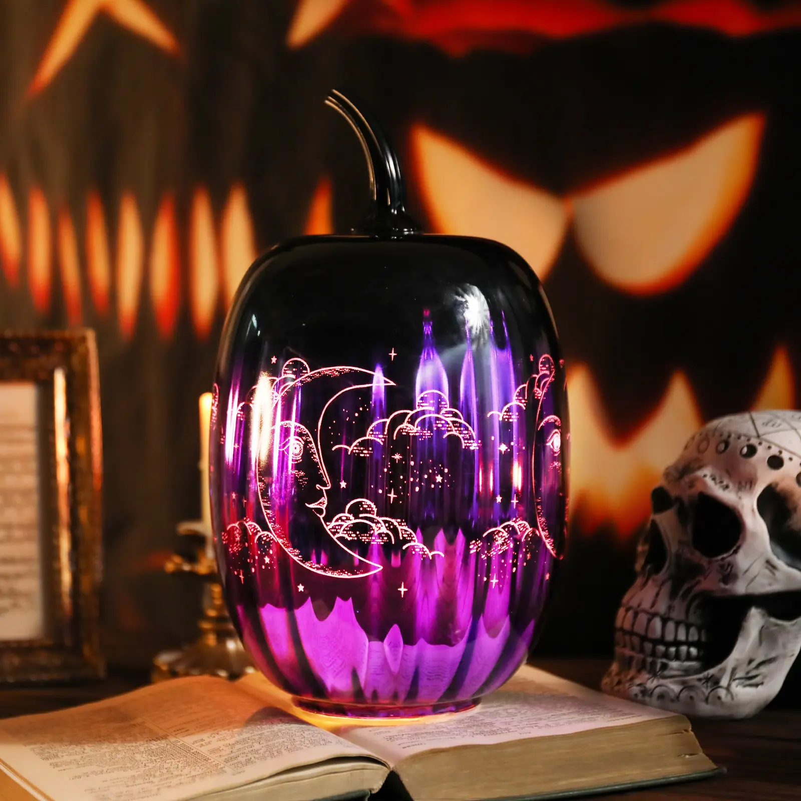 MUMTOP Modern LED-Lit Glass Pumpkin Party Decor - Purple & Black Spooky Round Jack-O-Lantern Decorations and Ornaments with Stars & Moon Engravings, On and Off Switch Lights for Indoor Festive Home Decoration Halloween Novelty Lighting