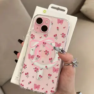 Pink Bow Ribbon Floral Skin-Feel Magnetic Smartphone Case, Cellphone Shell, Wireless Charging-Supporting Handheld Phone Accessory, Compatible with iPhone 11 12 13 14 15 16 17 Pro Max Air Plus