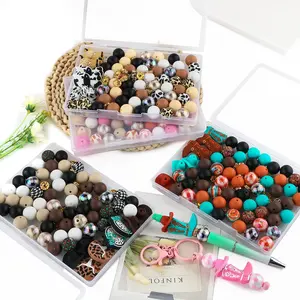84PCS Boxed Mixed Cow Focal Beads and 15mm Acrylic Print Leopard Silicone Beads for Keychain Making