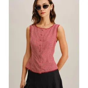 Red Gingham Boat Neck Sleeveless Tank Top