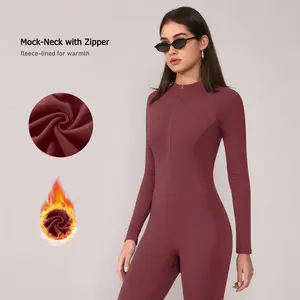 TimeOFF Women's Zip-Up Unitard with Stretchy, Mock-Neck with Zipper & Fleece-Lined for Warmth, Solves Cold-Resistant & Body-Sculpting Need for Winter Yoga, Fitness Workouts & Active Indoor Scenarios,long sleeve bodysuit,sweatsuits women