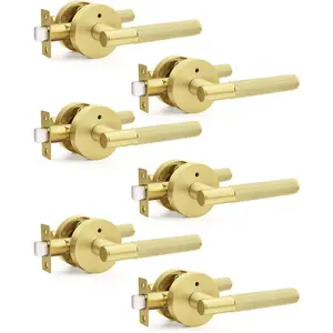 6 Pack Brushed  Door Handles, Modern  Interior Door Lever with Lock, Round Knurled Door Knobs for Bedroom and Bathroom, Reversible for Right & Left Side