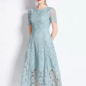 Vintage High-End O-Neck Short Sleeve Lace Hollow Out Dress for Women's Summer Slim Elegant Long Dress Female Clothing