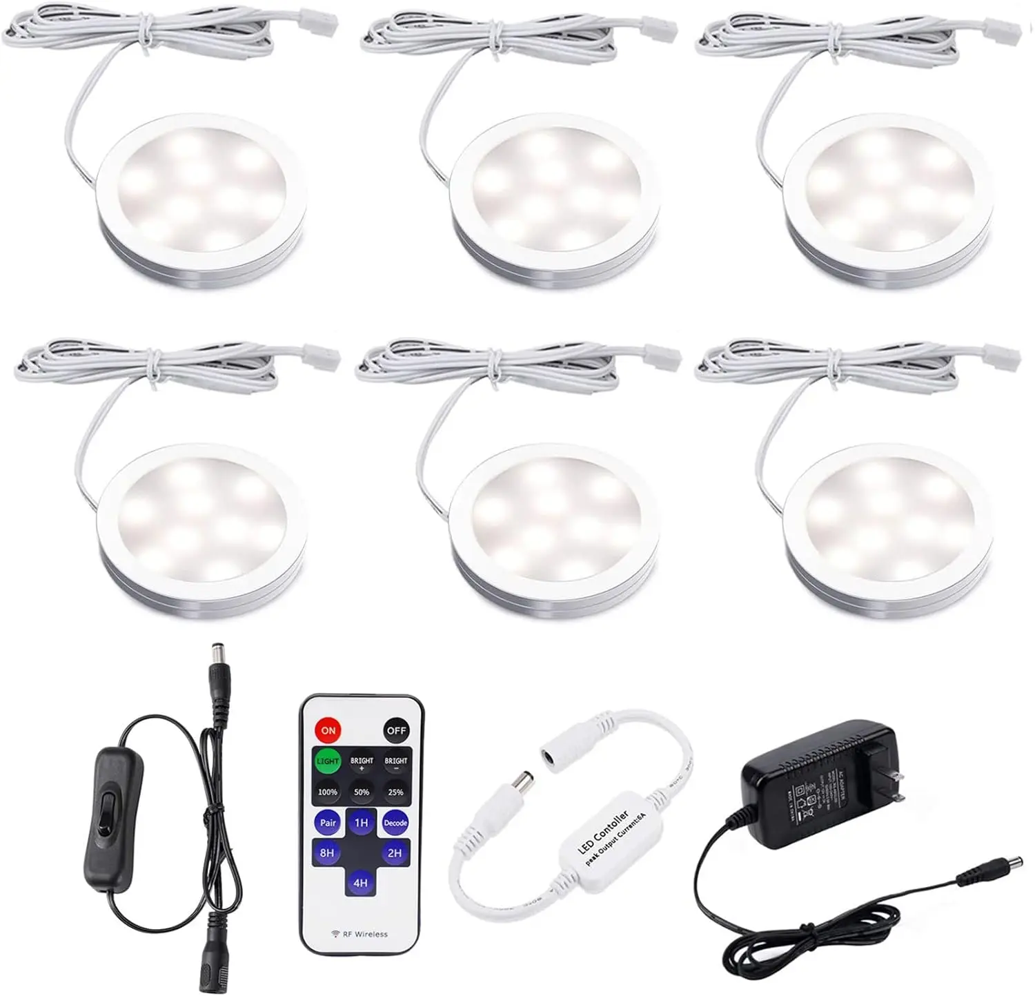 AIBOO Ultra-Thin Under Cabinet LED Lights – 6 Puck Lights Kit with RF Remote, Plug-in, 4000K Natural White, Easy Install, Dimmable