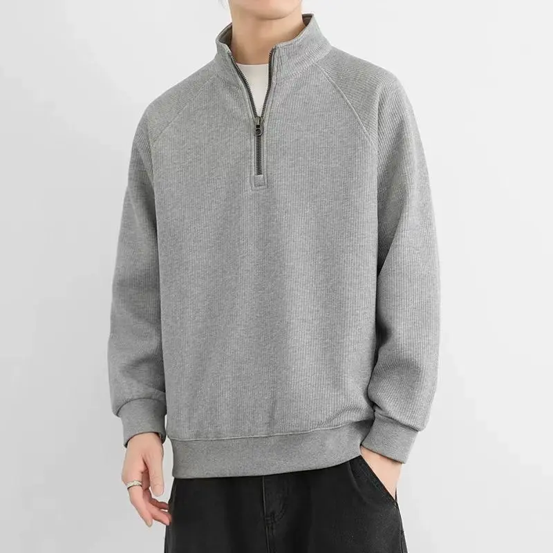 Menswear Quarter-Zip Stand Collar Vertical Textured Fleece Sweatshirt - Raglan Long Sleeve Plain Stylish Solid Casual Commute Pullover for Men Spring Autumn Daily Wear, Longsleeves