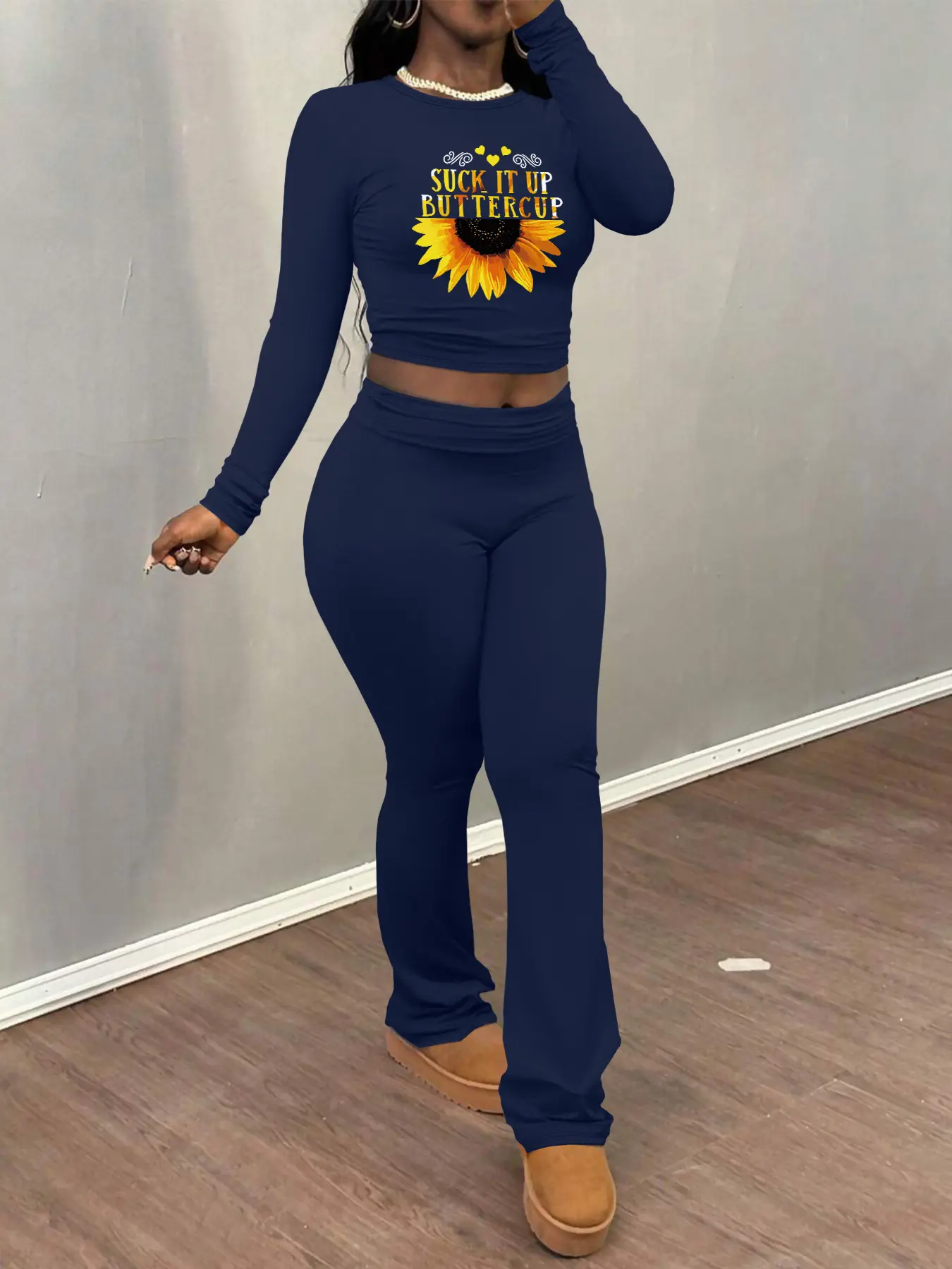 Women's Sunflower Pattern Casual Set, Long Sleeve Crop Top & Flare Pants, Fall Winter Fashion, Tight Fit, Moderate Fabric
