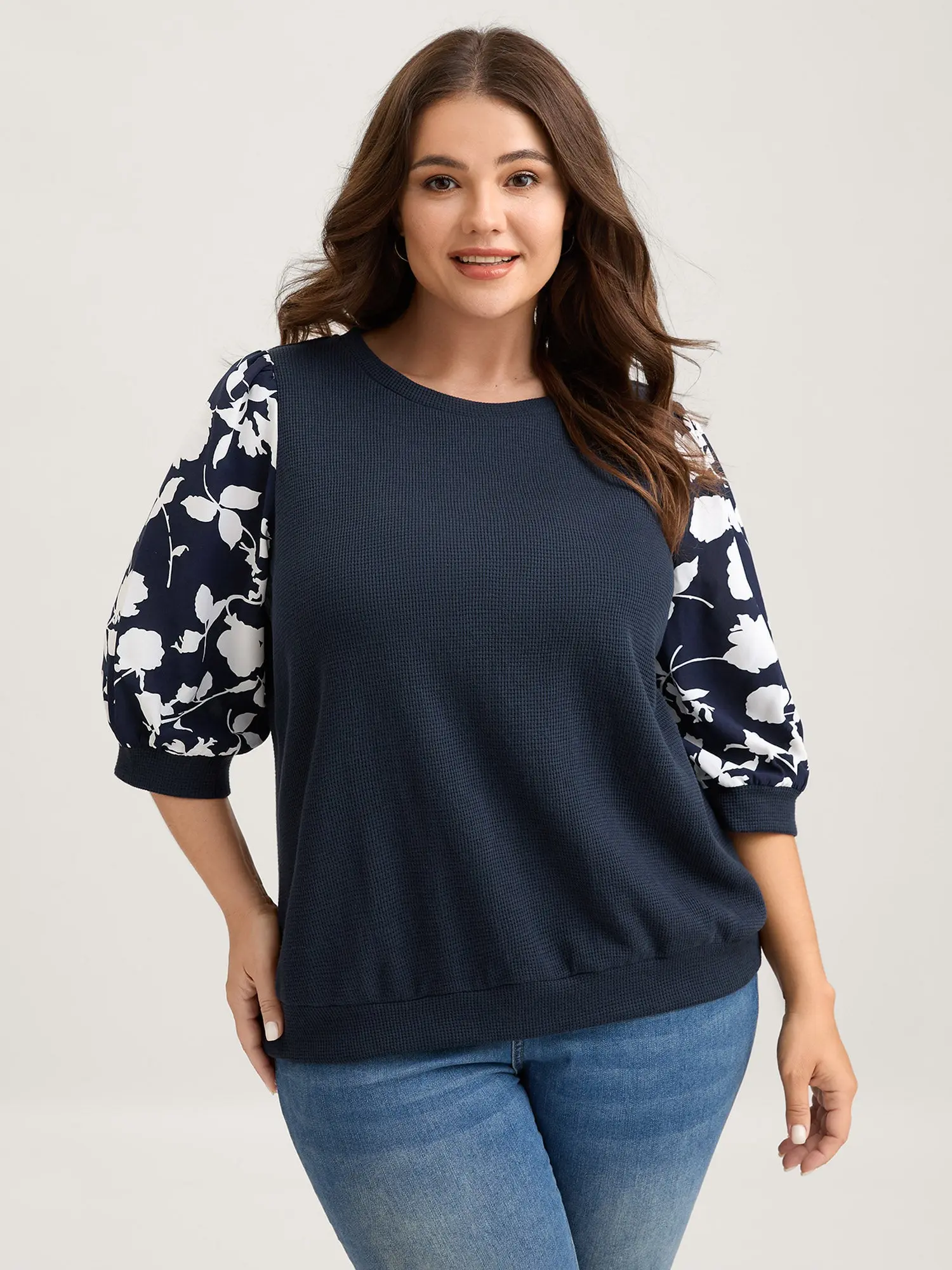 BloomChic Women's Plus Size Tops, Casual Knit Embroidered Sweatshirt with a Crew Neck and Textured Floral Puff Elbow Sleeves, Embroidered Sweatshirts, 12/L, Round Neck, 14-16/1X, Basic