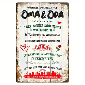 Oma and Opa House Rules Metal Tin Sign, Funny German Language Wall Decor, Retro Iron Poster Board for Grandma and Grandpa, 12x8 Inches - 1pc