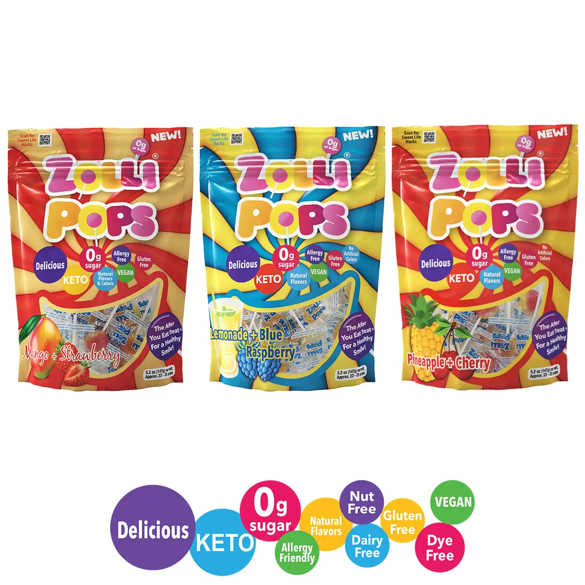 Zolli 69-ct Sugar-Free Fruit-Swirl Zollipops - Strawberry, Blueberry, Cherry Candy Assortment, Nut-Free, Allergy-Friendly, Low-Calorie, Plant-Based Vegan Snacks with Botanical Extracts for All Ages