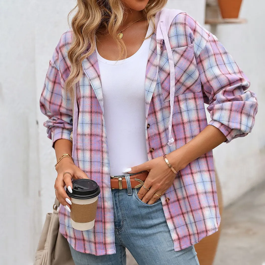 Women's Fall Outfits Fashion Clothes Long Sleeve Shirts Jackets  Hoodie Casual Blouse Cozy Top Plaid Fabric