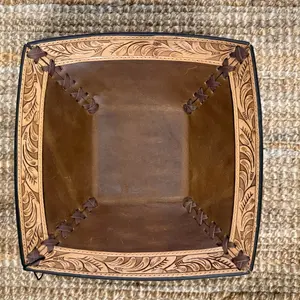 Genuine Leather Bowl with Tooling Square Design Brown Color Tableware