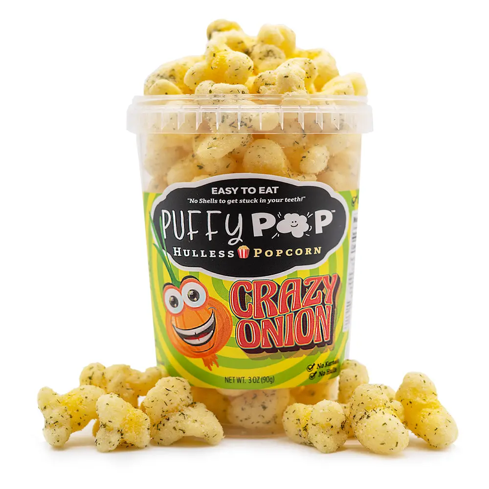 Crazy Onion (GF) Puffy Pop Popcorn Puffs - No Kernels, No Hulls - Easy to Eat Snack