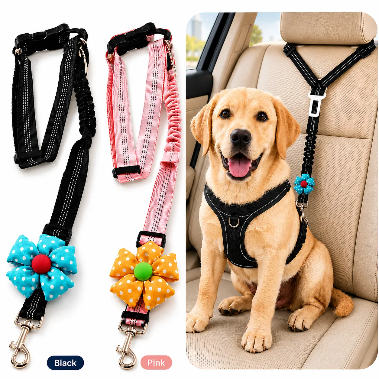2Pack Dog Car Seat Belt Harness Straps - 3-in-1 Adjustable Secure Buckle Tether with Flower Dots Decor, Reflective Web, Bungee Headrest Attachment, Black & Pink Options for Safe Travel