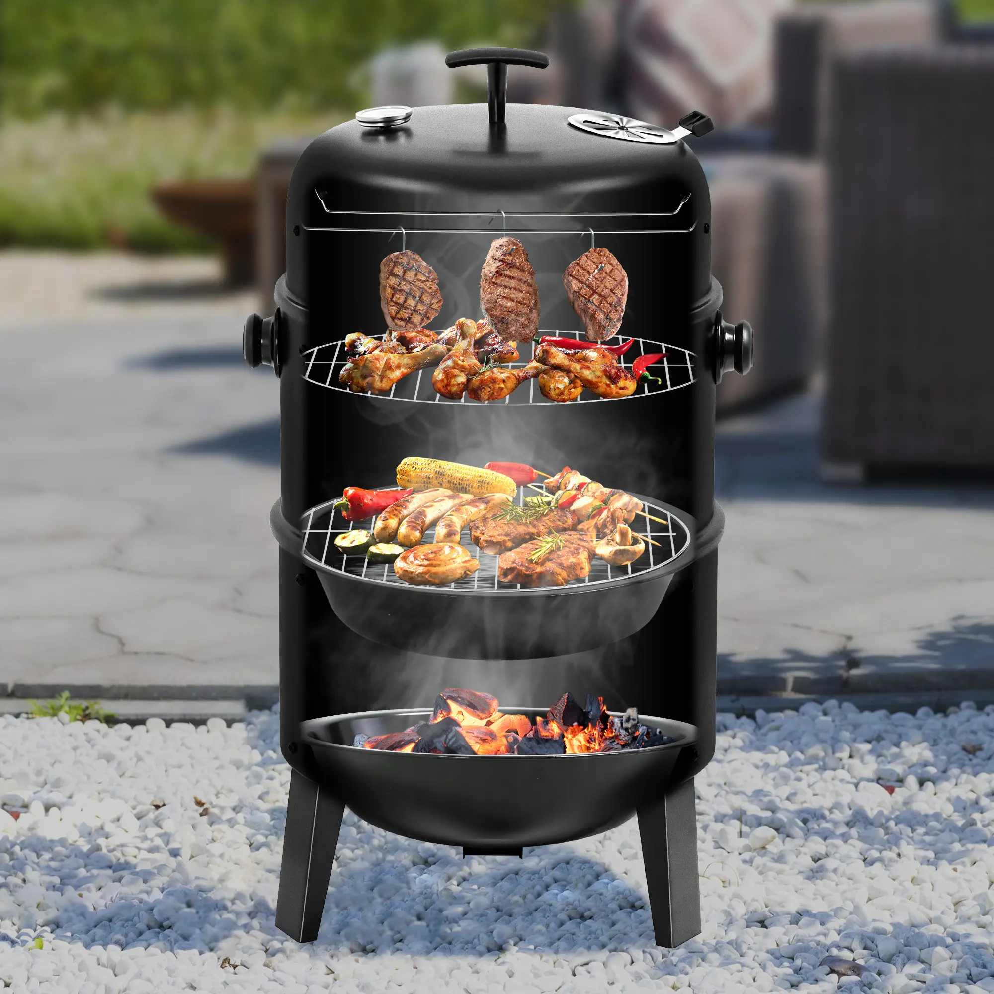 MASTER COOK 16-in Vertical Charcoal Smoker Grill - Heavy Duty 4-in-1 Fire Pit with Thermometer, Adjustable Vent - Portable for Outdoor BBQ, Camping (Cooking BBQ Camping, PortableBBQs, Grills, Vertical Shape), Backyard