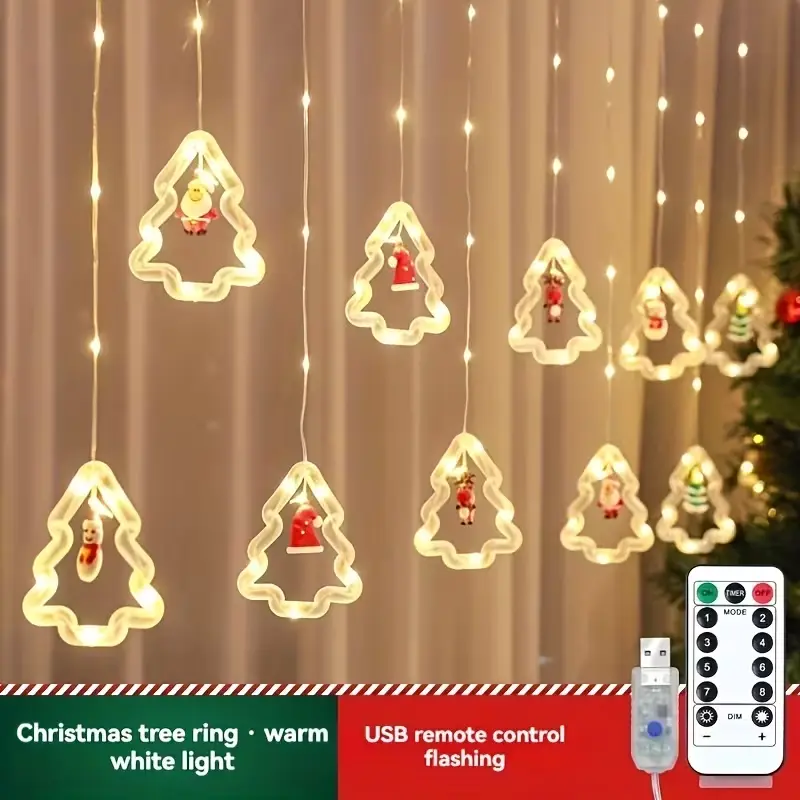 Christmas window lights, USB-powered tree-shaped ring decoration with decorative curtain string lights — features 8 modes, hanging design for easy installation, suitable for indoor Christmas home bedroom window decor (warm light).