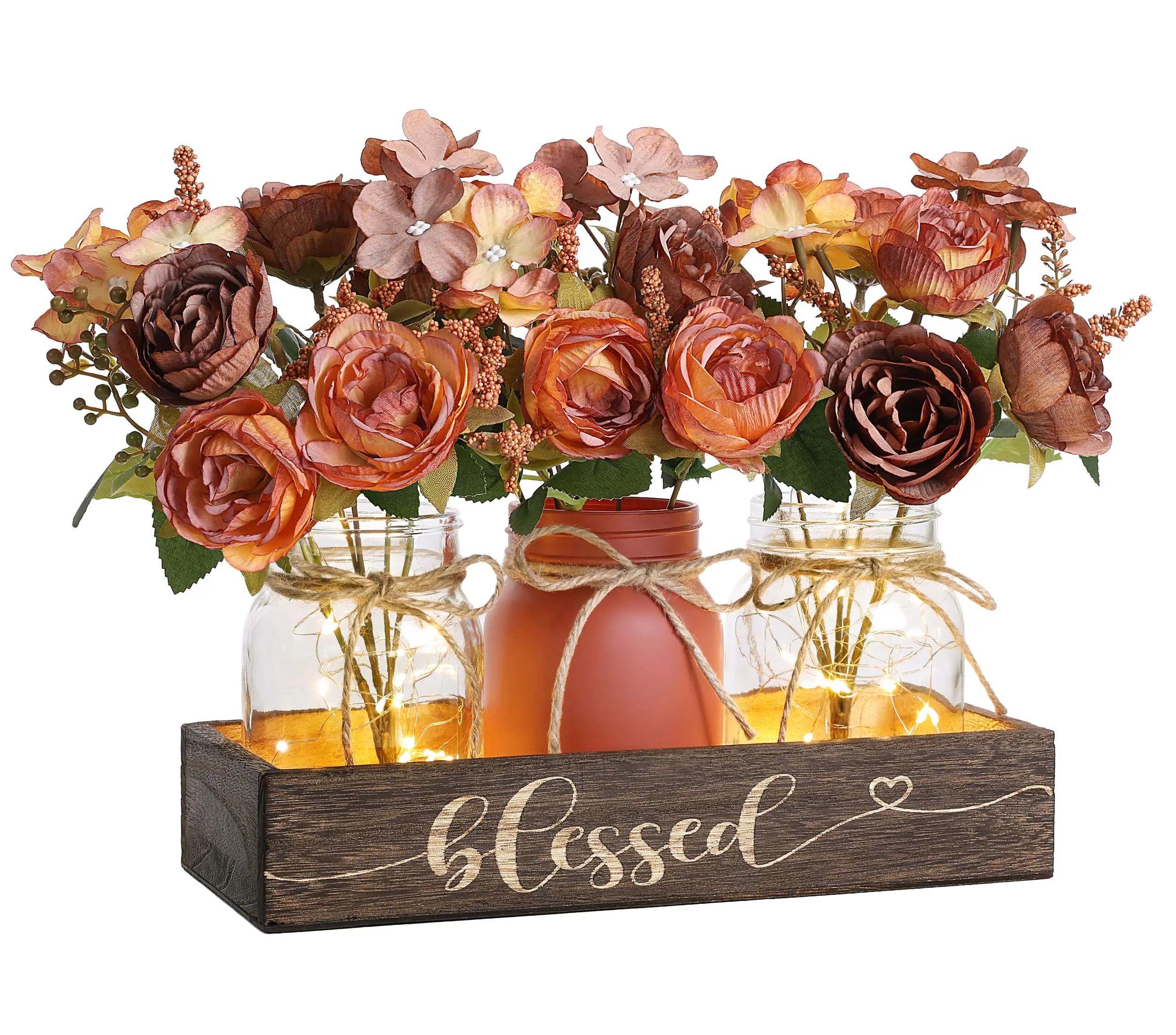 Ivydale 3 Pcs Mason Jar Centerpiece with Wood Tray & LED Light | Coffee Table Decor, Farmhouse Table Centerpieces, for Dining Room Kitchen Living Bathroom, Friendship Gifts, Fall Decor, Blue