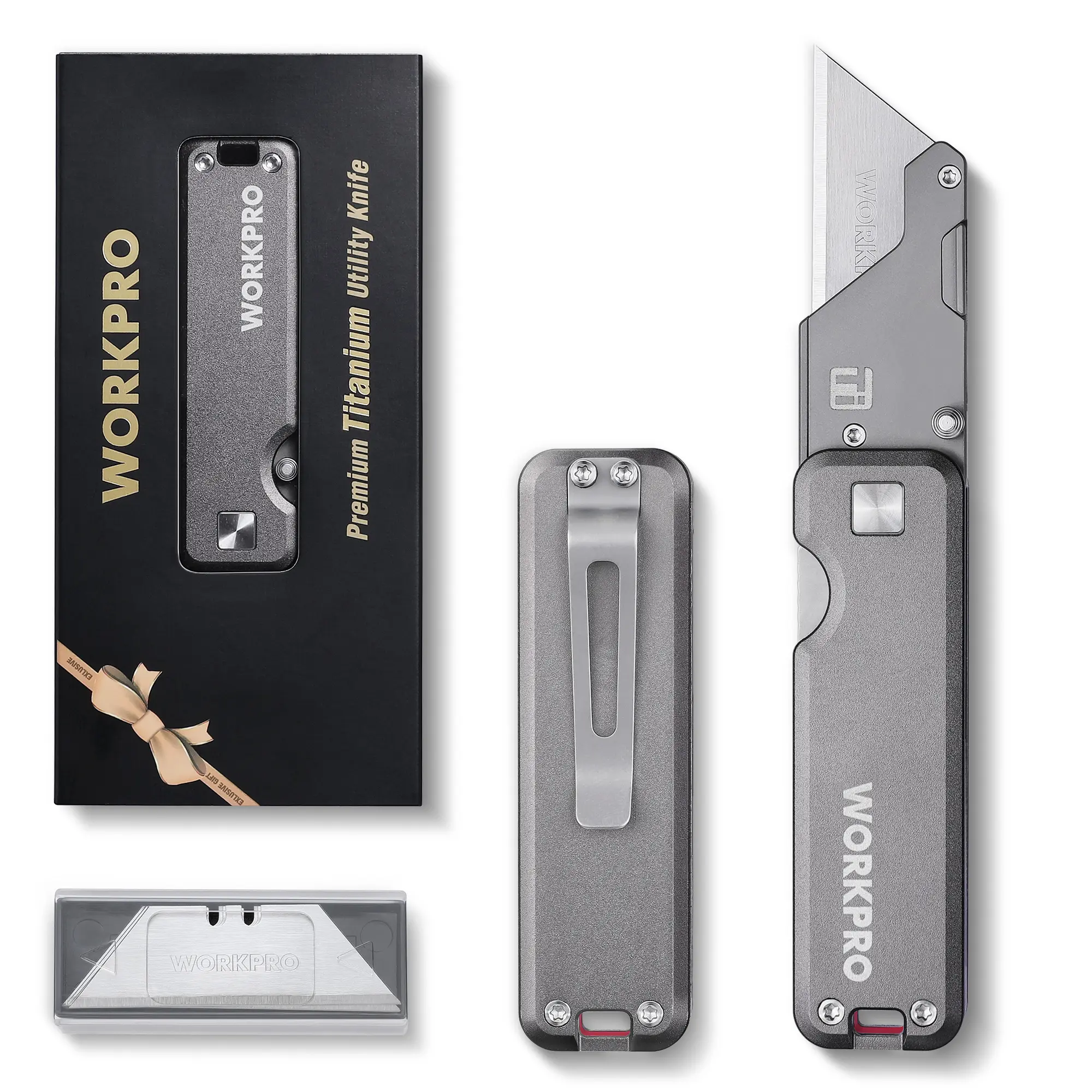 #BacktoSchool WORKPRO Premium Titanium Utility Knife, CNC Unibody, Lightweight Aluminium Handle Folding Box Cutter, Quick Change Blade Razor Knife,Ideal Gifts for Men Women, with 10 Extra Blades