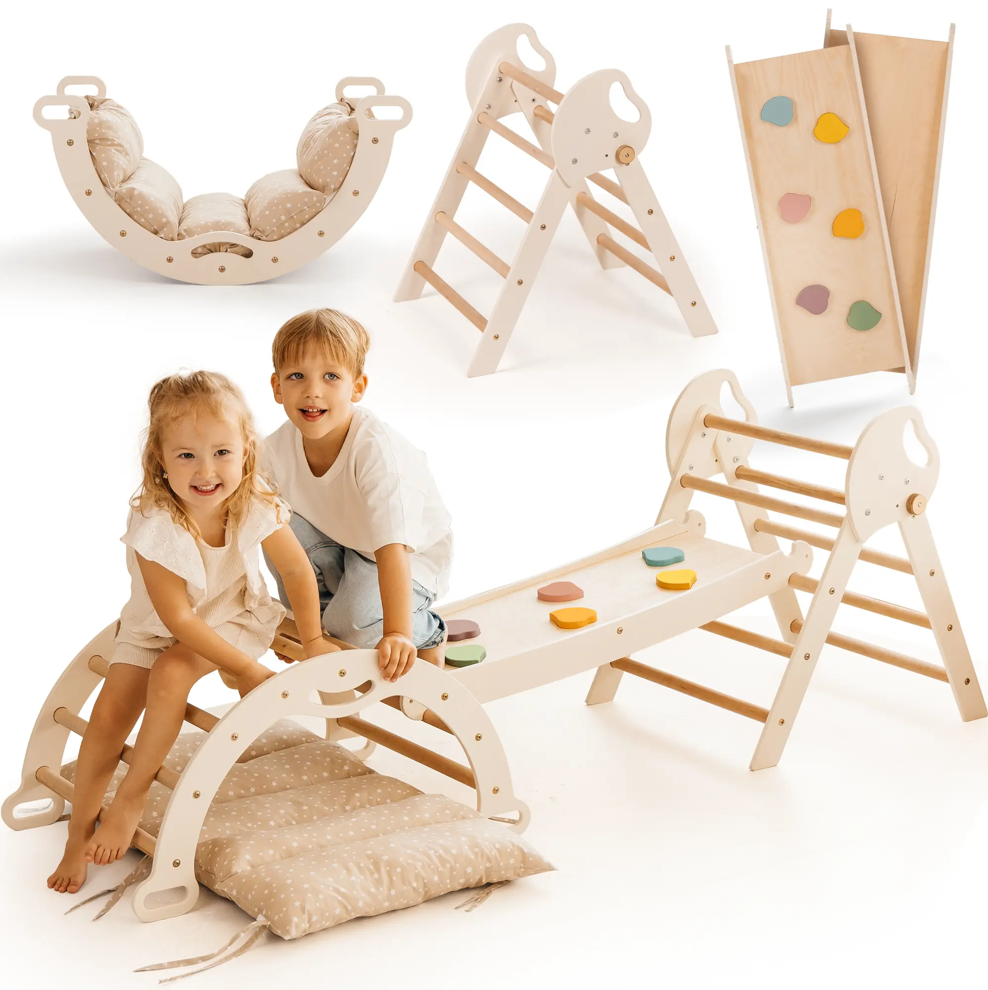 5-in-1 Toddler Climbing Toys Indoor Set Wooden Triangle Arch Balance Cushion Montessori Gym for 1-3 Year Olds Foldable Activity Center Jungle Play Equipment
