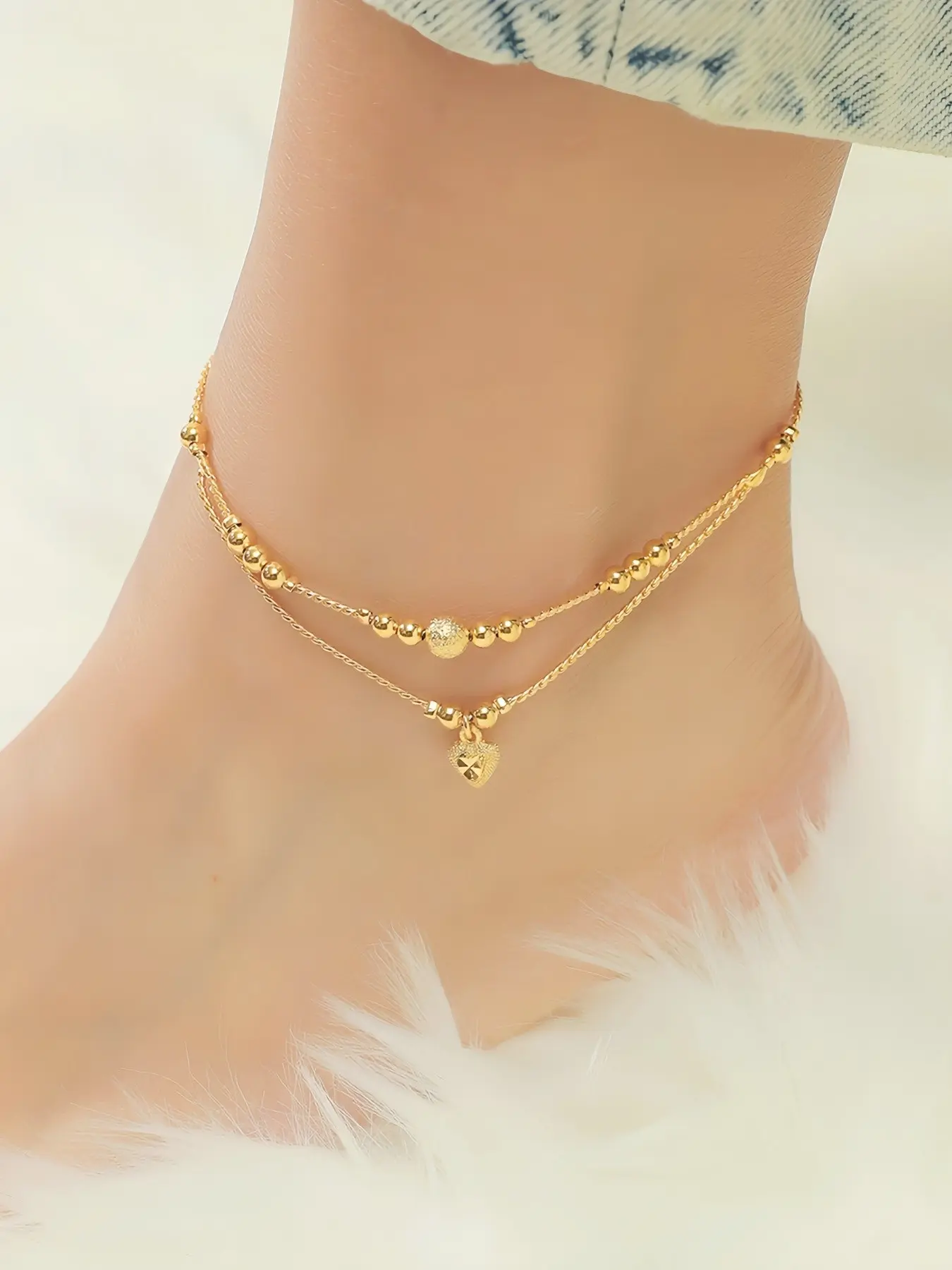 Golden double line heart-shaped tassel ankle chain bell, Layered Anklet, Ramadan gift, holiday style, jewelry, Fashionable jewelry accessories, perfect for delicate gifts, Valentine's Day and weddings, beach vacations