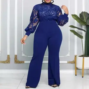 Women Elegant Long Sleeve Floral Lace Formal Jumpsuit Hollow Out High Waisted Wide Leg Romper Pants One Piece Outfit