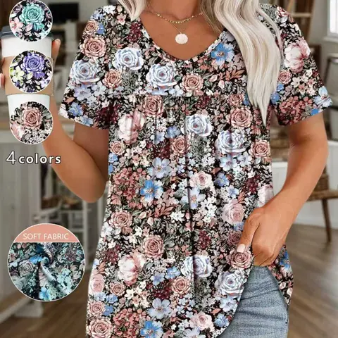 Plus Size Women's Ditsy Floral Print V-Neck Short Sleeve Loose Fit Casual Top, Boho Blouse, Fashionable Floral Pattern, Multiple Colors, Comfortable Stylish Everyday Wear