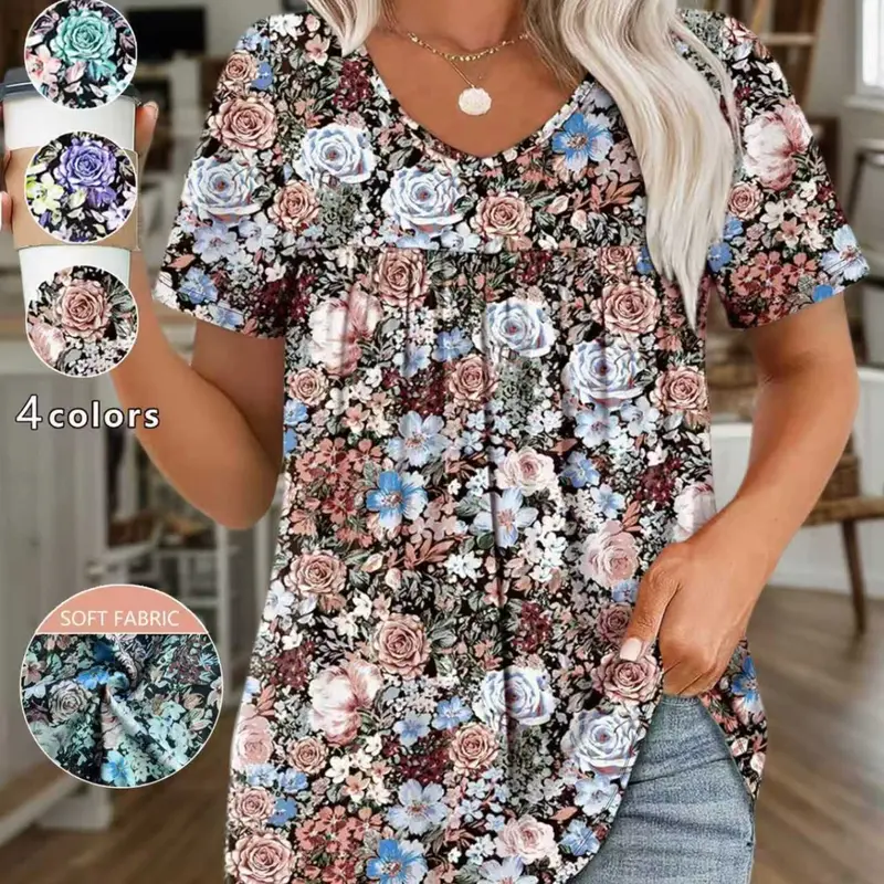 Plus Size Women's Ditsy Floral Print V-Neck Short Sleeve Loose Fit Casual Top, Boho Blouse, Fashionable Floral Pattern, Multiple Colors, Comfortable Stylish Everyday Wear