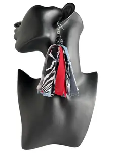 Zebra Print Fabric & Red Denim Tassel Dangle Earrings - Animal Motif, Artistic, Contemporary Ethnic Costume Jewelry Fashion Accessories, Animal Motif Earrings