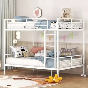 Full Over Full White Metal Bunk Bed with Ladder | Twin Size Sturdy Frame for Kids, Teens, Adults | Space Saving Bunkbed for Bedroom, Dorm, Guest Room | High Weight Capacity, Easy Assembly
