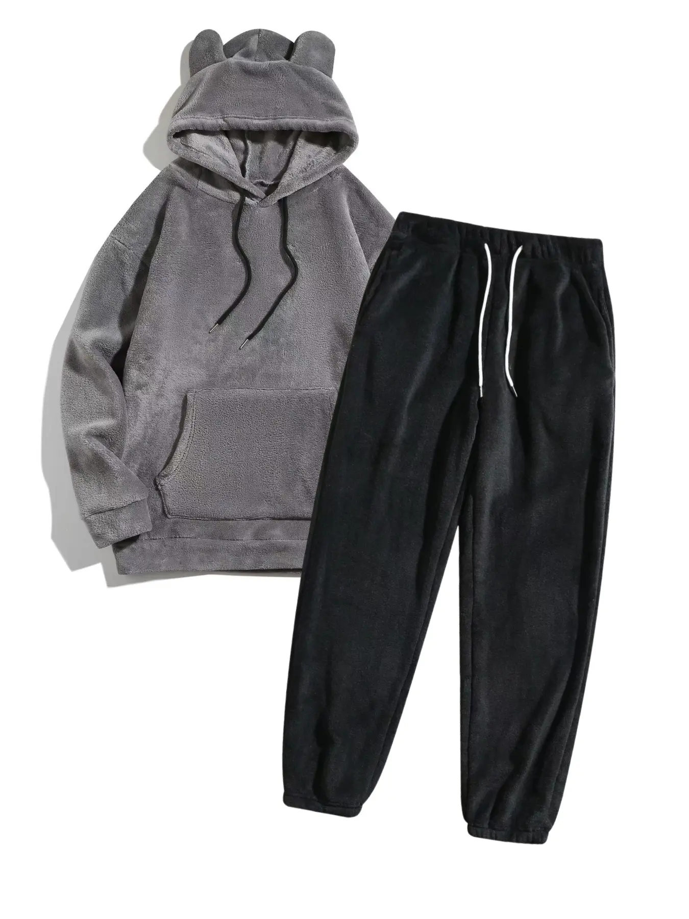 New Fashion Fall Bear Ear Hoodie & Sweatpants Set, Plush Warm Two-Piece, Large Pocket Design, Casual Comfortable Unisex Home Wear