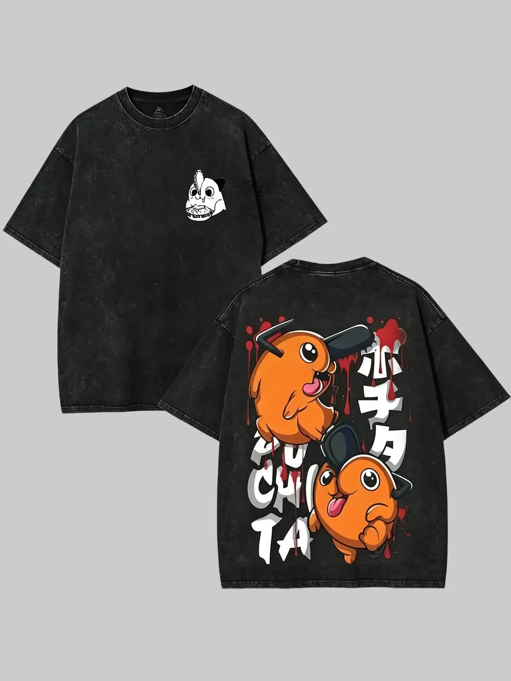 Chainsaw Man Pochita Vintage Washed Oversized Graphic T-Shirt, Anime Heavyweight Cotton Streetwear Tee for Men Women, Y2K Summer Fashion