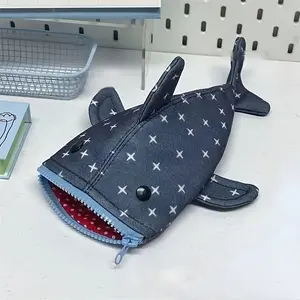 Durable canvas shark pencil case with playful star pattern - Cute zipper stationery pouch suitable for teens and office use, teen stationery organizer | Shark-shaped bag | Denim look