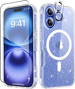 Entronix Case for iPhone 17/16 Air/Plus/Pro Max - Magnetic Clear Glitter Cover, Clear Camera Lens & Tempered Glass Screen Protector, Accessories