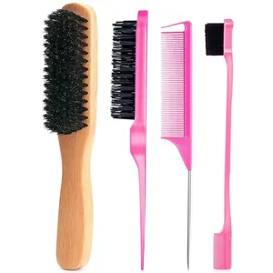 Boar Bristle Slick Back Hair Brush for Smooth Flyaways Frizz Edge Baby Hair Teasing Comb Styling Accessories for Girls Kids Women & Men