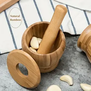 1Set Premium Bamboo Garlic Mortar and Pestle - Effortless Spice Grinder for Garlic, Herbs, and Chili - Rust-resistant Kitchen Tool Perfect for Crafting Homemade Sauces and Dressings