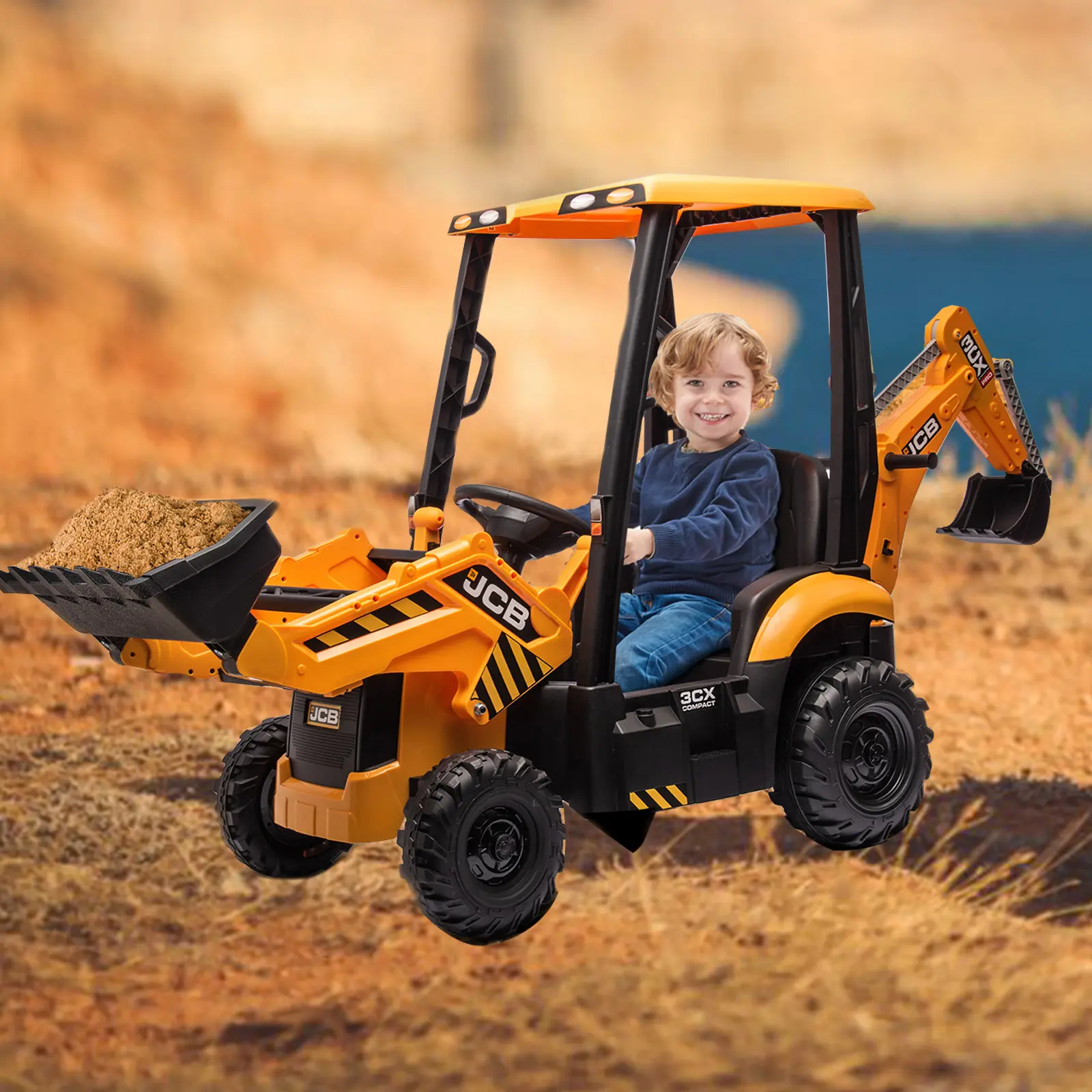 Garvee 4 in 1 JCB Licensed 12V Kids Ride On Electric Car – Excavator, Bulldozer & Tractor – Remote Control, Adjustable Seat, Removable Tent, Front Loader, Digger Function, Horn, Durable EVA Tires – Yellow