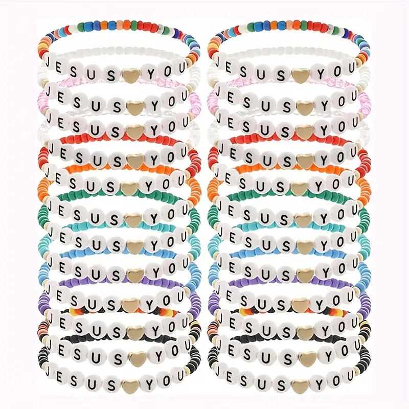 Women's 24-Piece Bohemian Bracelet Set, Colorful Clay Beaded Word Jewelry, Stackable Bangles for Daily Casual Wear, Friendship Gifts, Everyday Use, Personalized Message, Colored Clay Bracelets & Bangles, Handmade, Chosen Family, Diy Jewelry, Collectibles