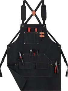 Work Aprons for Men with Large Pockets, Canvas Cross Back Heavy Duty Adjustable Tool Aprons for Chef Cooking BBQ