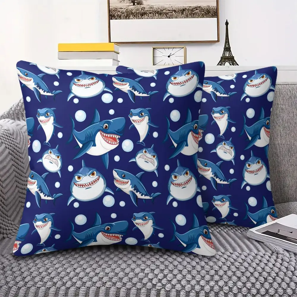 Playful Cartoon Shark Throw Pillow featuring Vibrant Digital Print  with Inner Cushion, 45cm Square Cushion, Zipper Closure, Expressive Yellow Eyes and Whimsical White Bubbles on Deep Ocean Blue Background, Soft Decor for Kids' Room & Living Space