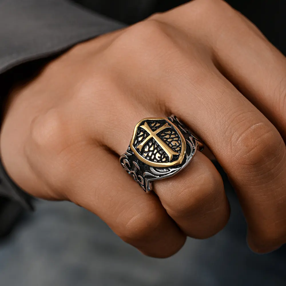 Gothic Cross Shield Male Rings for Men, Funky Stainless Steel Knight Band with a Dark Fantasy Aesthetic