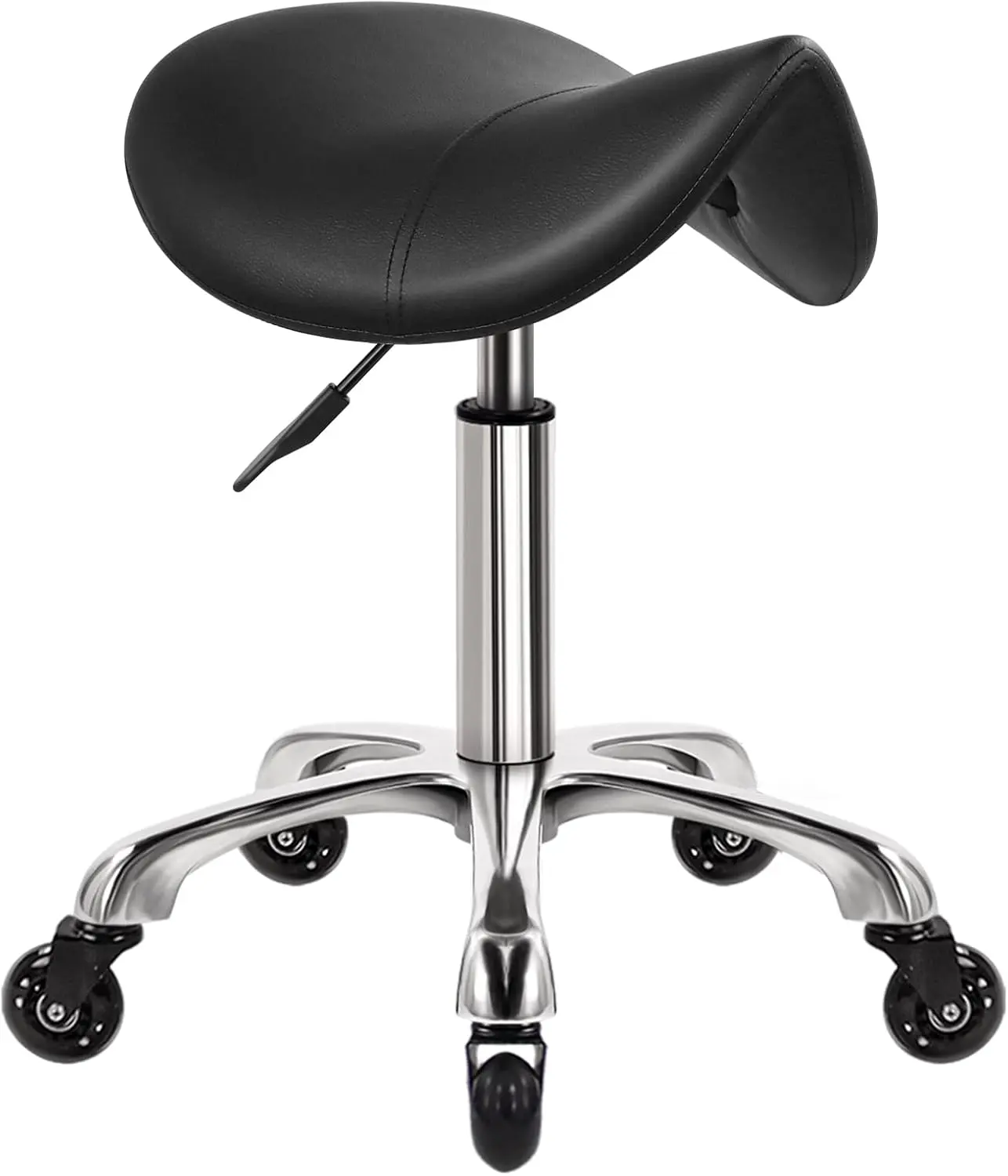 Heavy Duty Saddle Rolling Stool with Wheels Hydraulic Swivel Adjustable Rolling Stool Ergonomic Thick Leather Seat Chair for Kitchen Drafting Lab Office Salon Massage – Black
