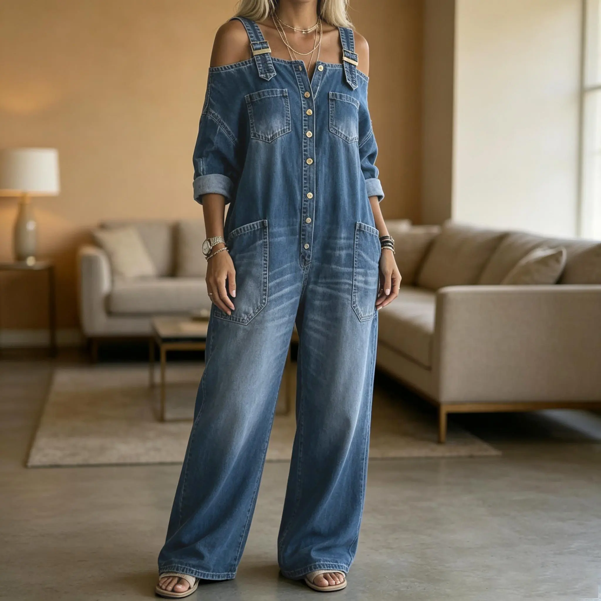 Womens Sexy Off The Shoulder Denim Jumpsuit Wide Leg Overalls with Pockets Y2K Streetwear Suspender Romper Baddie Fashion Baggy Jeans One Piece Casual Summer Festival Wear Effortless Chic 2026 Outfit Womenswear